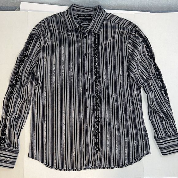 APRICOTTREE Cross On Back Button Up Shirt Mens SXL Striped Gray & Black‎ - Picture 1 of 9